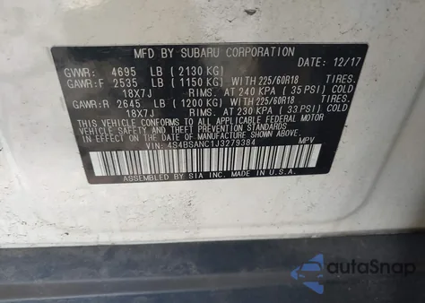 2018 Subaru Outback 2.5I Limited z USA, uszkodzony, nr VIN 4S4BSANC1J3279384